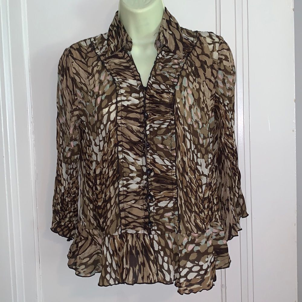 New Directions petite brown water colors ruched front crinkle cloth blouse